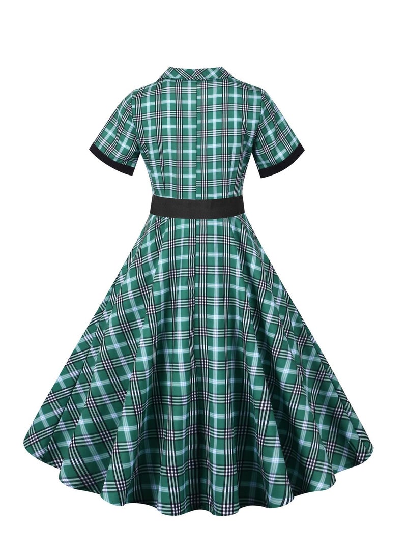 Loquat Standing Neck Single Breasted Short Sleeved Plaid Short Sleeved Waistband Large Swing Dress Cyan  - Image 3