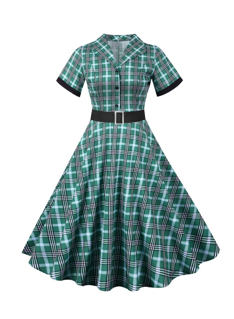 Loquat Standing Neck Single Breasted Short Sleeved Plaid Short Sleeved Waistband Large Swing Dress Cyan  - Image 1