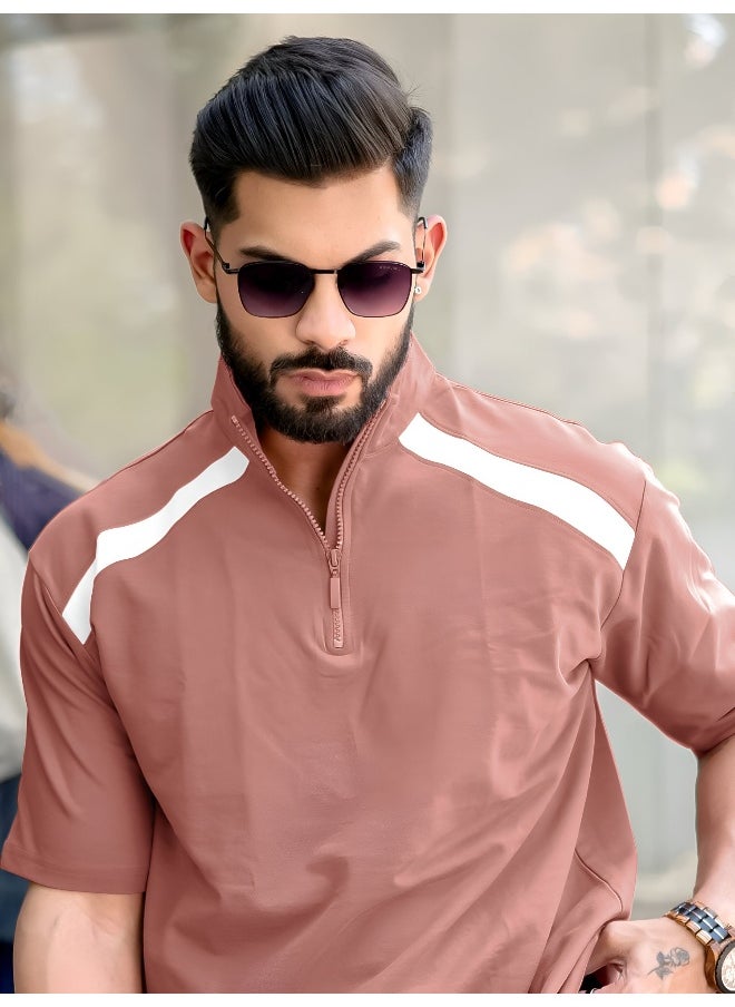 Maniac Maniac Men Solid Henley Neck 3/4th Sleeve Onion and White 3/4th Zipper Cotton T-Shirt  - Image 4