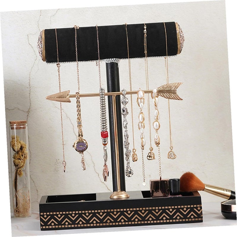 Black Gold Wooden Jewelry Organizer Stand With Earring And Necklace Display Rack - Image 5