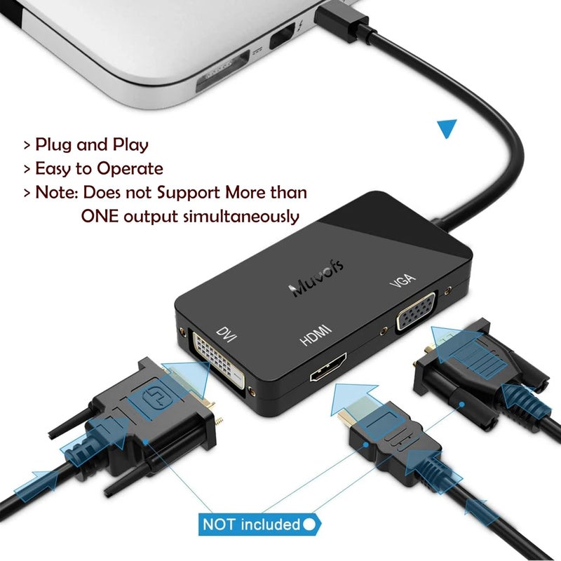 Muvofs محول موفوس Mini Display Port DP ذكر إلى HDMI/DVI/VGA أنثى 4k، محول Thunderbolt متعدد الوظائف 3 في 1، أسود - Image 2