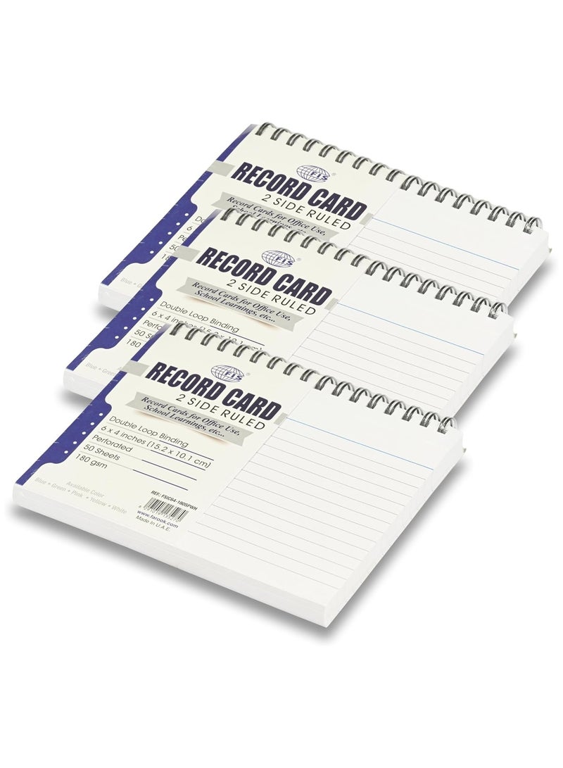 FIS بطاقات تسجيل FIS® مخططة، الحجم: 6"x4" بوصات (152x102 مم)، تجليد حلزوني مزدوج، جانبين مخططين، 180 جرام، مثقبة، 50 ورقة لكل دفتر، عبوة من 3 قطع، لون أبيض-FSIC64-180SPWH-3 - Image 1