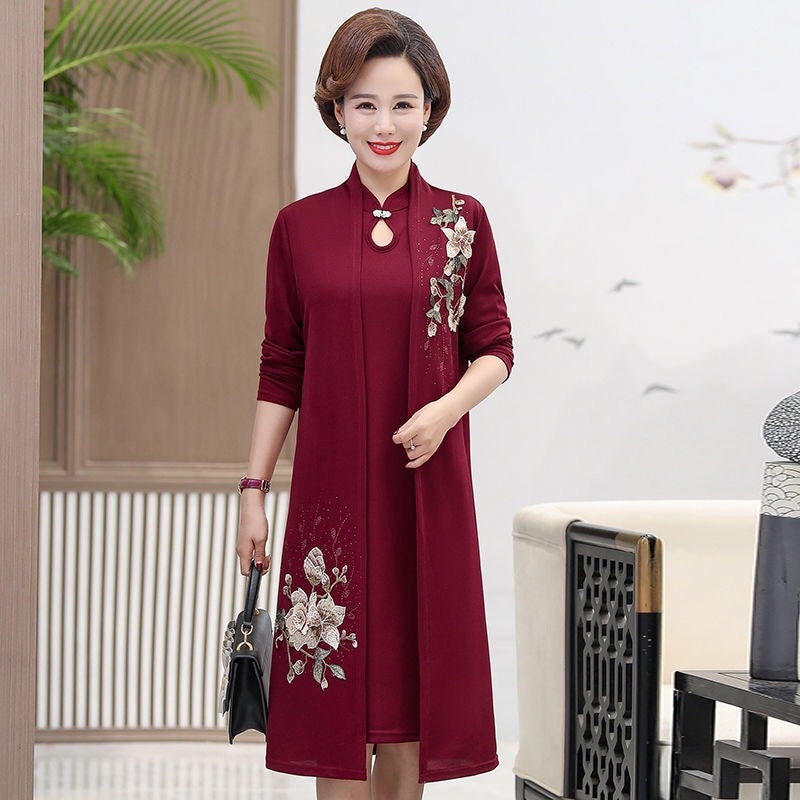 2023 New Middle-aged Mothers Spring and Summer Dress 50-year-old Middle-aged and Elderly Womens Coat Western Style Large Size Two-piece Suit Burgundy