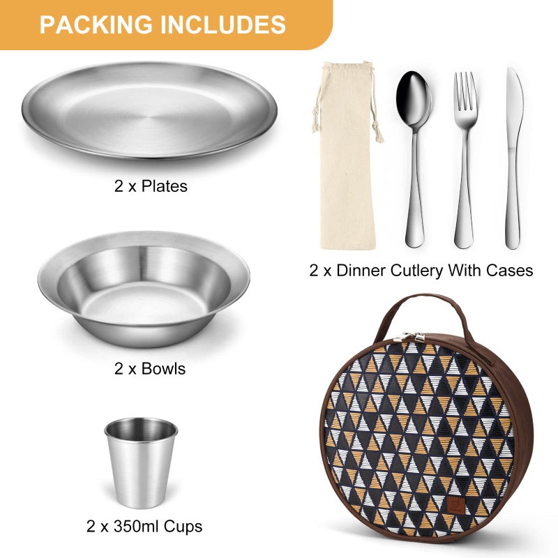 Odoland Odoland Camping Cutlery Set with Portable Pouch Case, Stainless Steel Tableware Kit Travel Utensil Set with Bag All-in-1 Flatware Kit for Hiking and Picnic Outdoor and Indoor, 2 People - Image 2