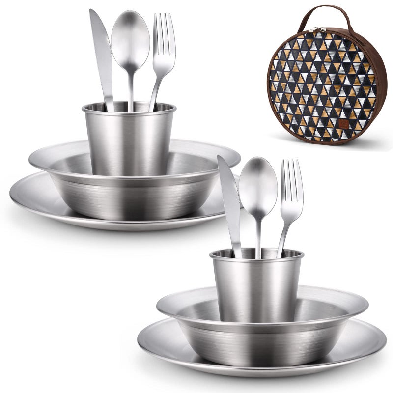 Odoland Odoland Camping Cutlery Set with Portable Pouch Case, Stainless Steel Tableware Kit Travel Utensil Set with Bag All-in-1 Flatware Kit for Hiking and Picnic Outdoor and Indoor, 2 People - Image 1