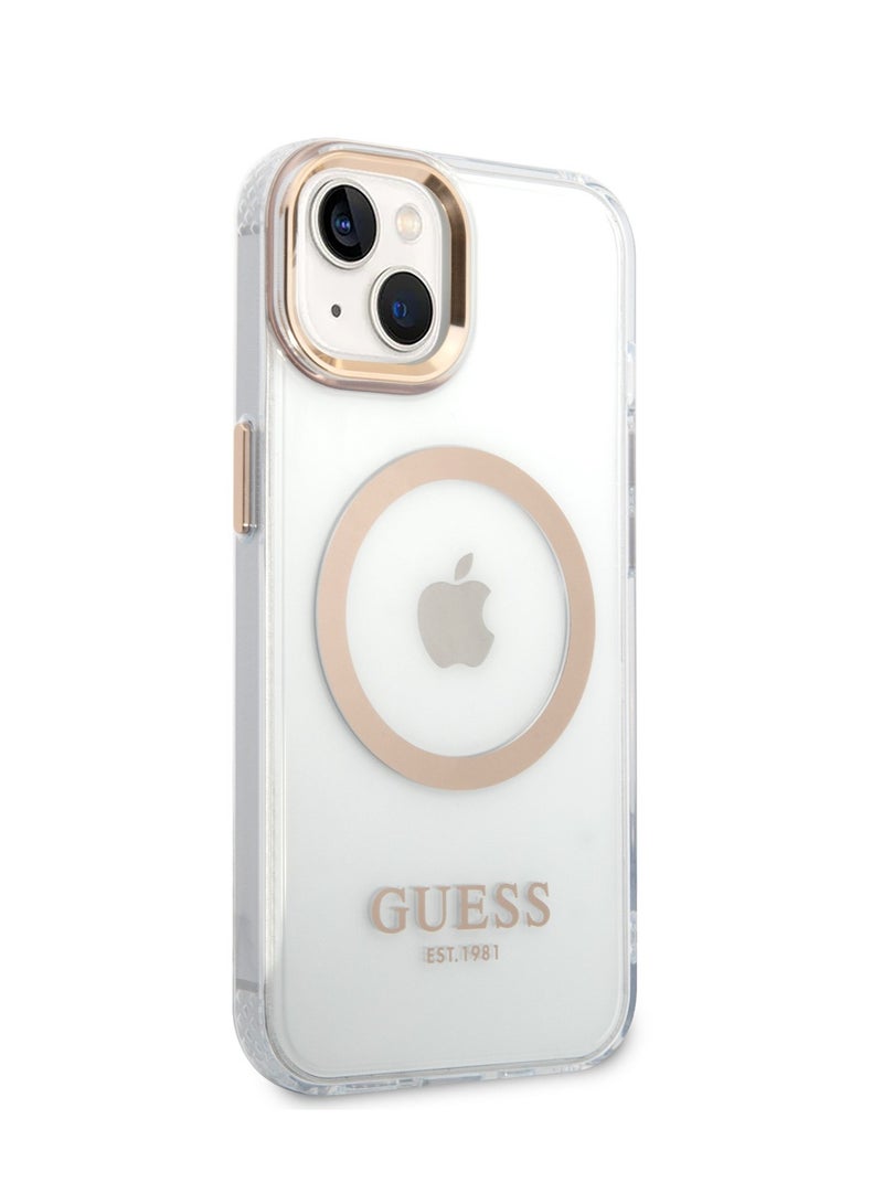 GUESS iPhone 14 Case MagSafe Compatibility Transparent Outline Back Cover / Bumper and Scratch Protection / Slim Profile / Easy Snap-On - Gold - Image 2