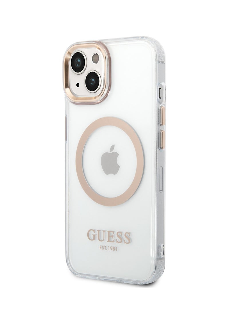 GUESS iPhone 14 Case MagSafe Compatibility Transparent Outline Back Cover / Bumper and Scratch Protection / Slim Profile / Easy Snap-On - Gold - Image 3