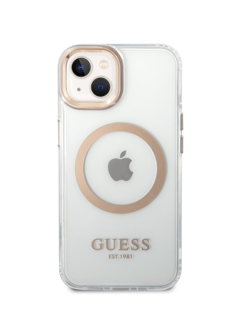 GUESS iPhone 14 Case MagSafe Compatibility Transparent Outline Back Cover / Bumper and Scratch Protection / Slim Profile / Easy Snap-On - Gold - Image 1