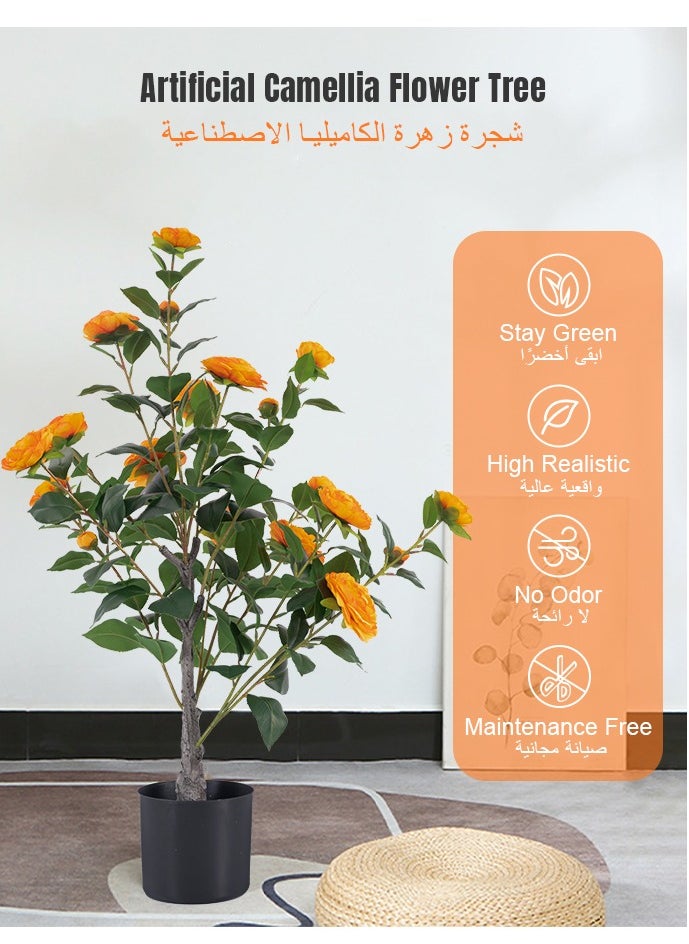 ماركة غير محددة - شجرة زهرة الكاميليا الاصطناعية مقاس  شجرة زهرة الكاميليا الصناعية تتفتح في وعاء شجرة وهمية مع زهور مقلدة وأوراق - Image 1
