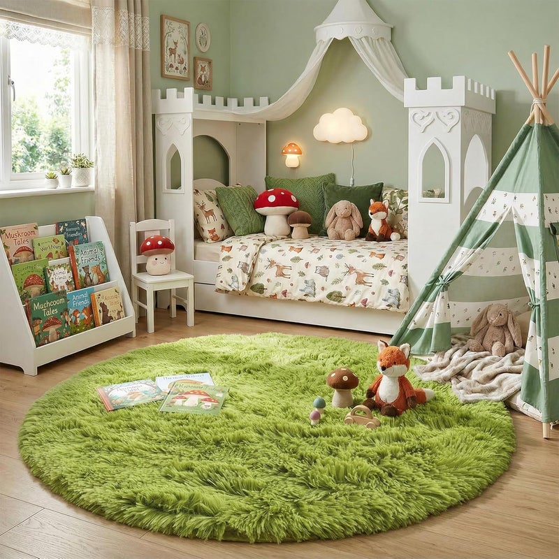 Amdrebio Grass Green Round Rug for Bedroom,Fluffy Circle Rug 5'X5' for Kids Room,Furry Carpet for Teen's Room,Shaggy Circular Rug for Nursery Room,Fuzzy Plush Rug for Dorm,Green Carpet,Cute Room Decor for Baby - Image 3