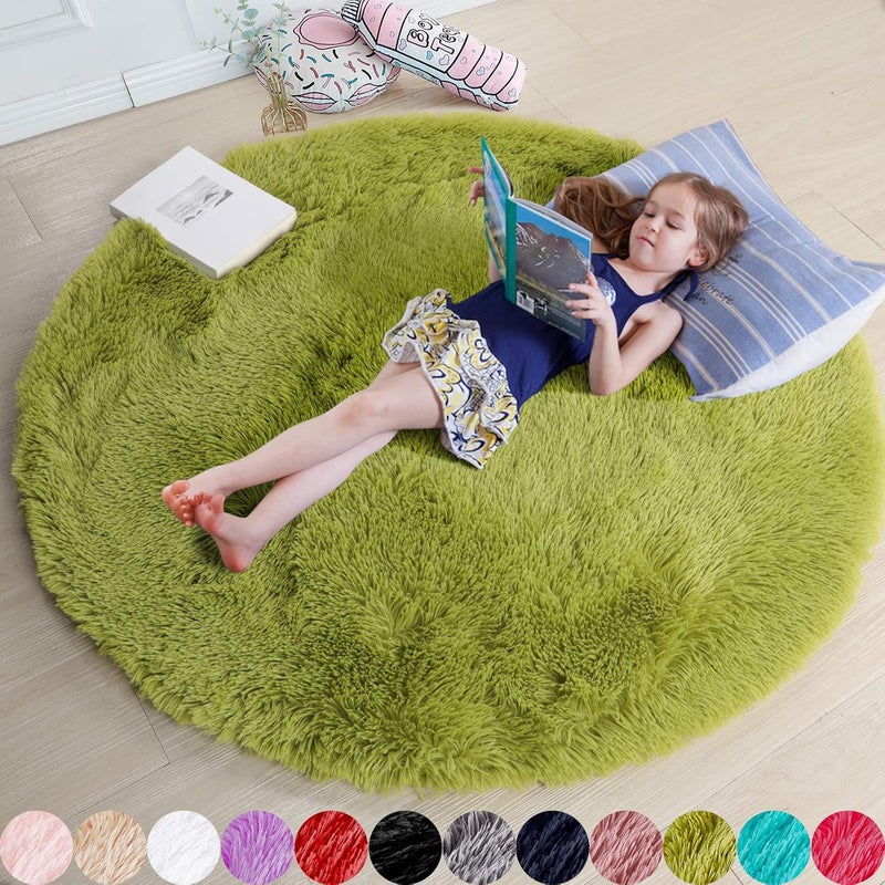 Amdrebio Grass Green Round Rug for Bedroom,Fluffy Circle Rug 5'X5' for Kids Room,Furry Carpet for Teen's Room,Shaggy Circular Rug for Nursery Room,Fuzzy Plush Rug for Dorm,Green Carpet,Cute Room Decor for Baby - Image 1