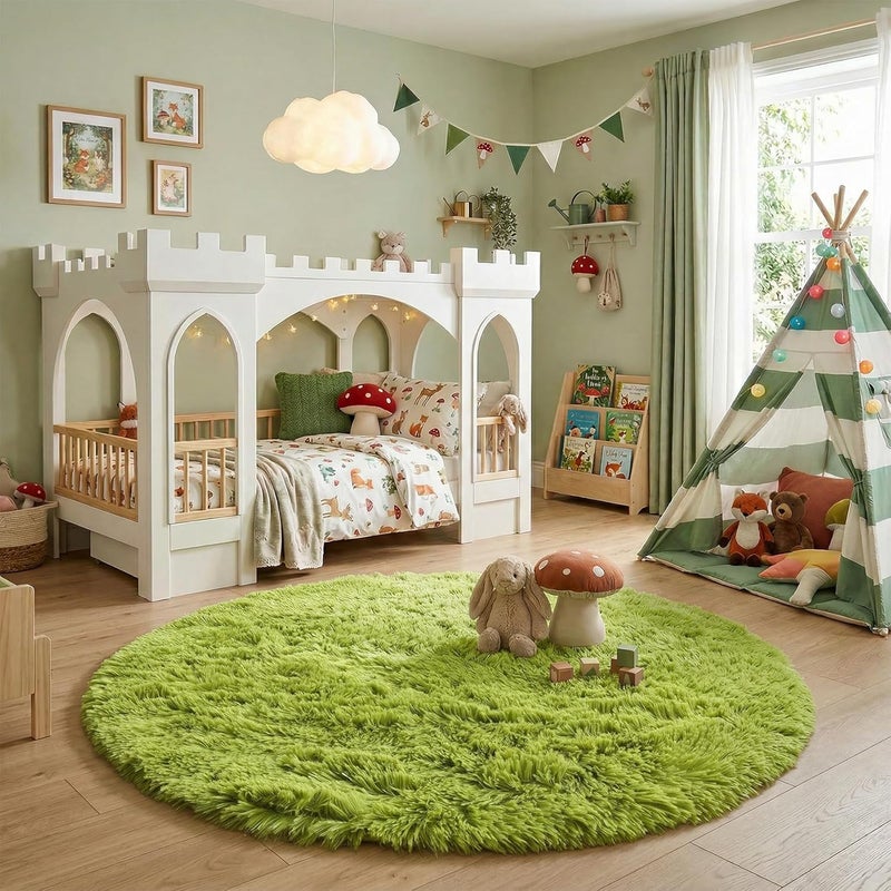 Amdrebio Grass Green Round Rug for Bedroom,Fluffy Circle Rug 5'X5' for Kids Room,Furry Carpet for Teen's Room,Shaggy Circular Rug for Nursery Room,Fuzzy Plush Rug for Dorm,Green Carpet,Cute Room Decor for Baby - Image 5