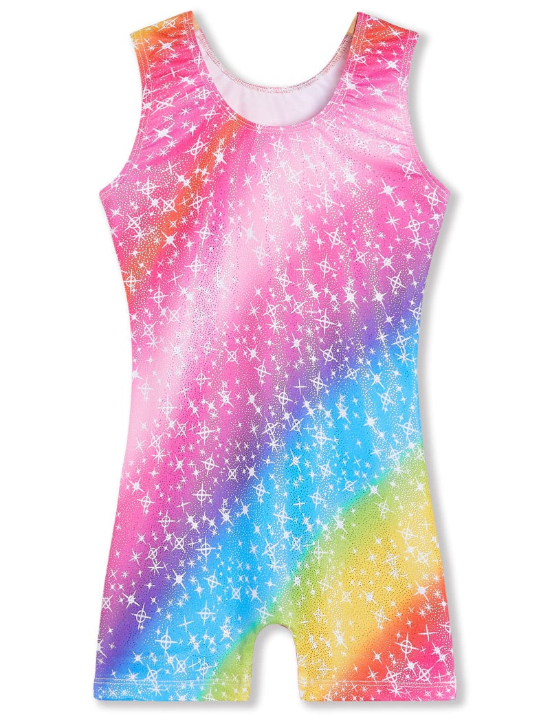 TENVDA Girls Leotards for Gymnastics Size 4t 5t Rainbow Sparkly Biketard Stretchy Classic One-Piece Tumbling Unitard - Image 2