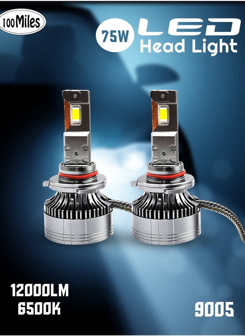 100Miles Car LED Head Light 9005 75W 12000LM 6500K Car LED Headlight With Cooling Fan System - 100 Miles  - Image 1