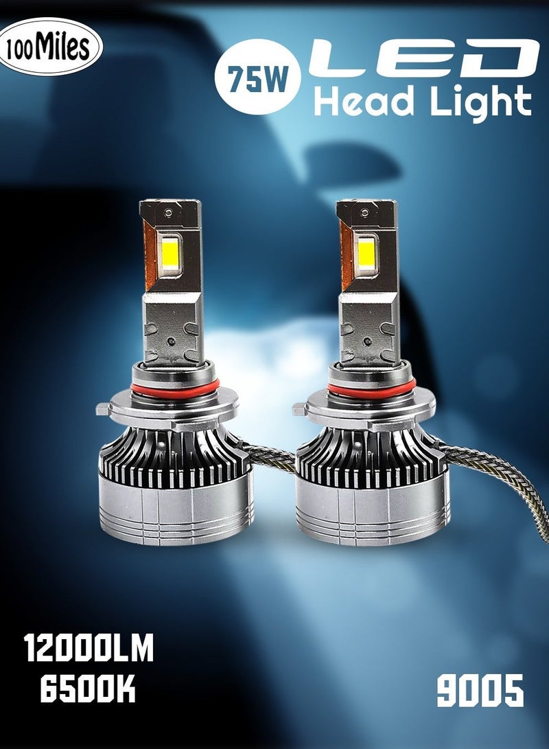 100Miles Car LED Head Light 9005 75W 12000LM 6500K Car LED Headlight With Cooling Fan System - 100 Miles - Image 1