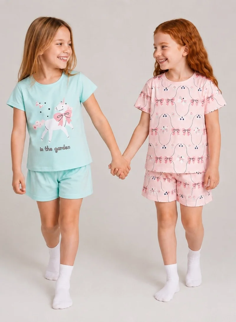 بنتي Penti Girl's Cotton Lounge in the Garden Shorts Sleeve 2-pack Pajama Set - Mint Green