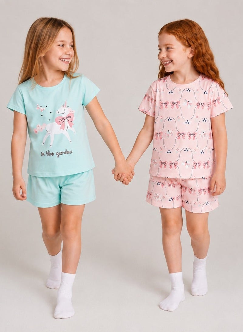 Penti Girl's Cotton Lounge in the Garden Shorts Sleeve 2-pack Pajama Set - Mint Green - Image 1