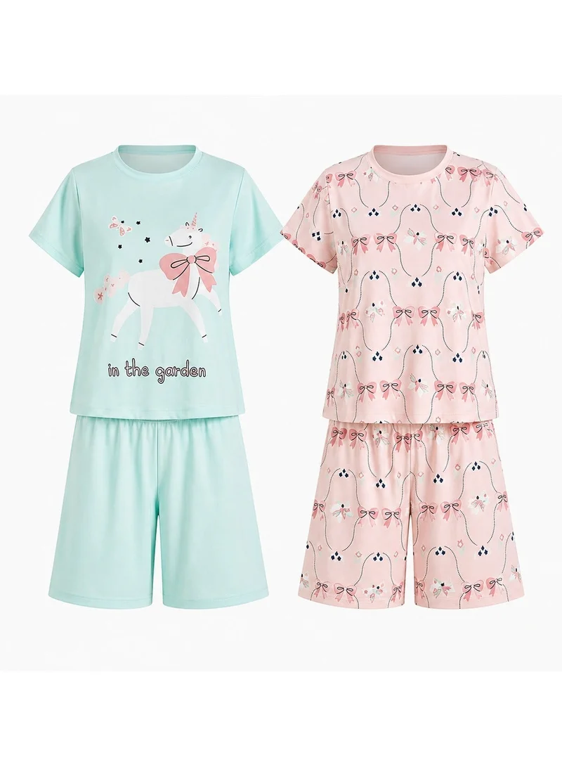 بنتي Penti Girl's Cotton Lounge in the Garden Shorts Sleeve 2-pack Pajama Set - Mint Green