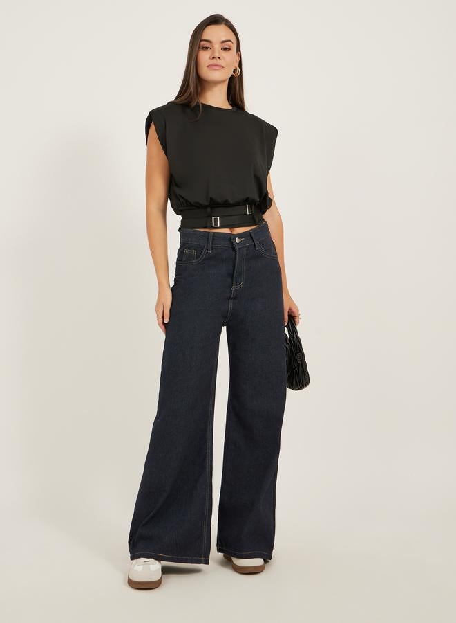 Styli Padded Shoulder Belted Cropped Sleeveless Boxy T-Shirt  - Image 2