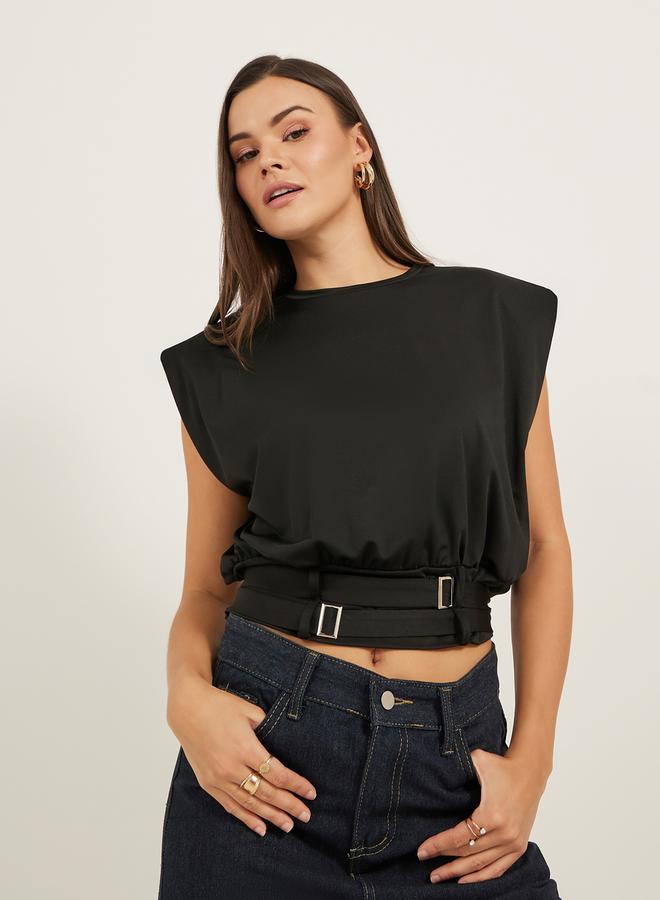 Styli Padded Shoulder Belted Cropped Sleeveless Boxy T-Shirt  - Image 1