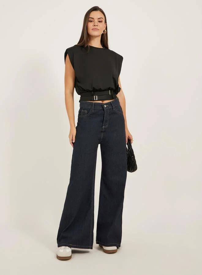 Styli Padded Shoulder Belted Cropped Sleeveless Boxy T-Shirt