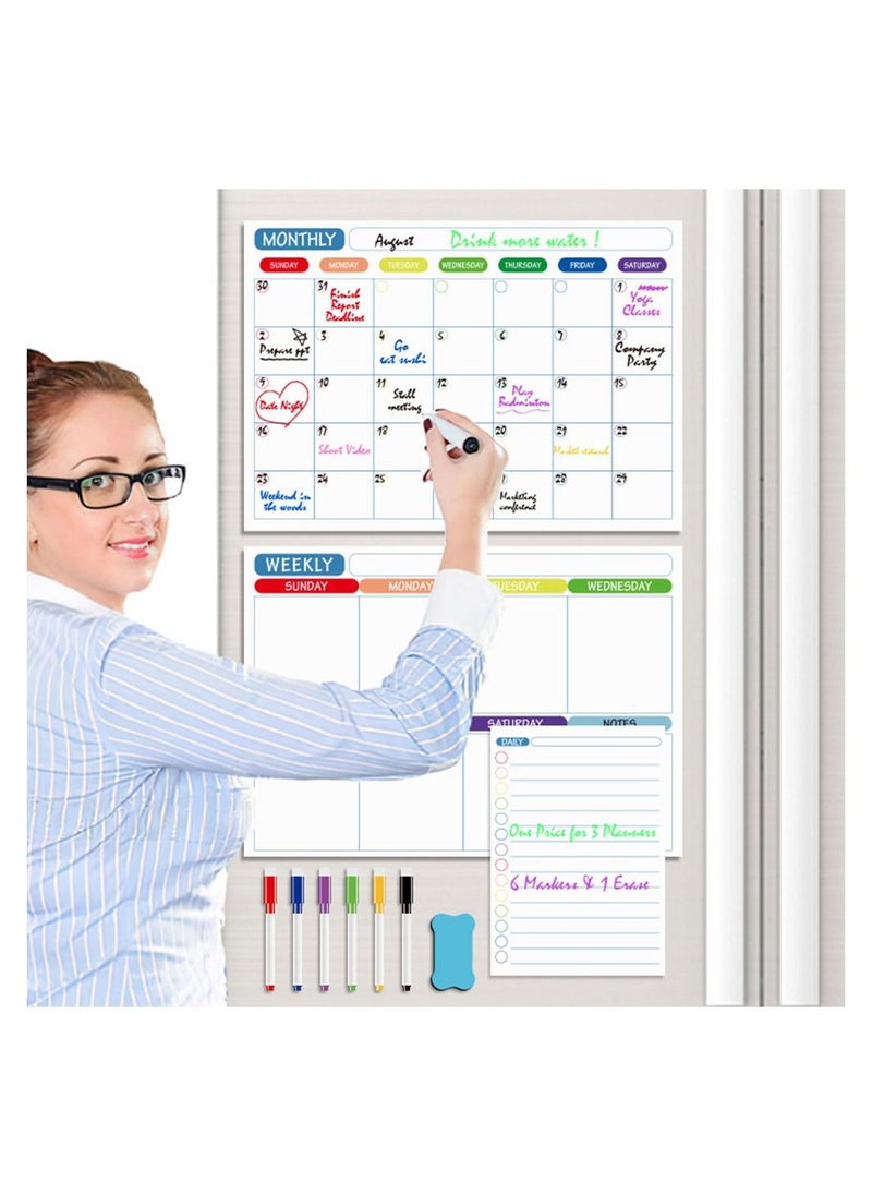 Cool Baby - COOLBABY Magnetic Dry Erase Calendar Whiteboard for Refrigerator 3 Boards Included Monthly Weekly Daily Calendar Whiteboard for Family Planner Kitchen Schedule Board 6 Markers 1 Eraser - Image 1