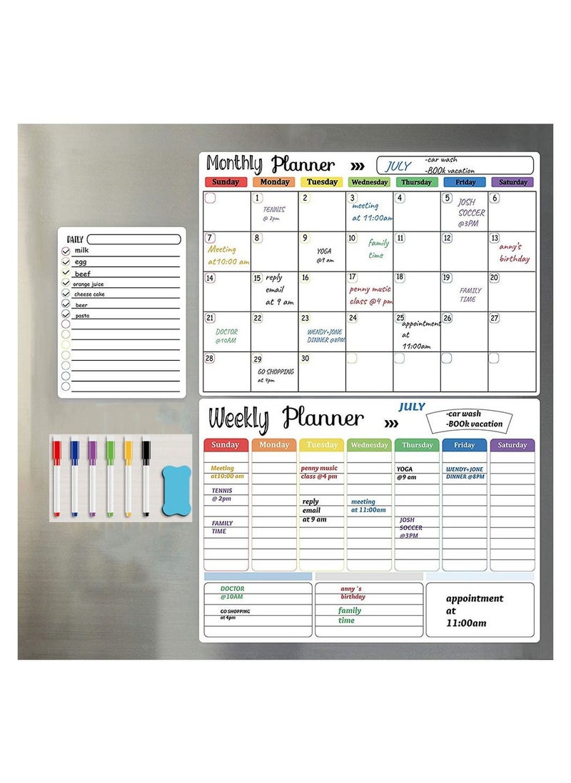 Cool Baby - COOLBABY Magnetic Dry Erase Calendar Whiteboard for Refrigerator 3 Boards Included Monthly Weekly Daily Calendar Whiteboard for Family Planner Kitchen Schedule Board 6 Markers 1 Eraser - Image 1