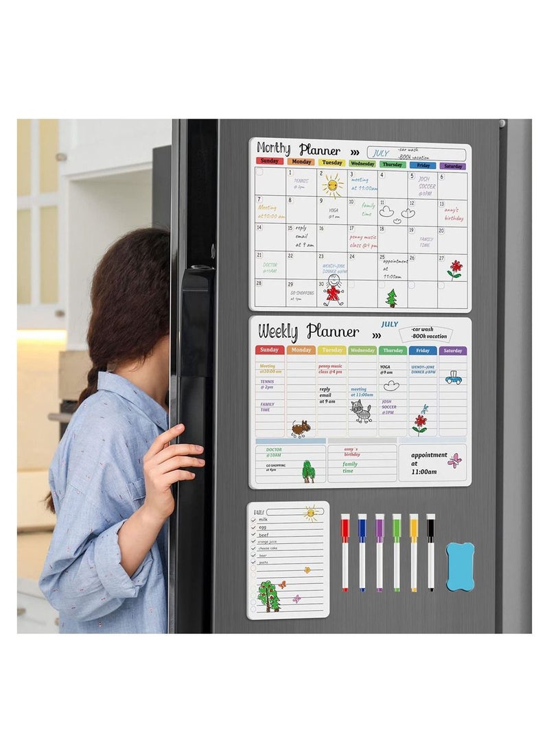 Cool Baby - COOLBABY Magnetic Dry Erase Calendar Whiteboard for Refrigerator 3 Boards Included Monthly Weekly Daily Calendar Whiteboard for Family Planner Kitchen Schedule Board 6 Markers 1 Eraser - Image 1