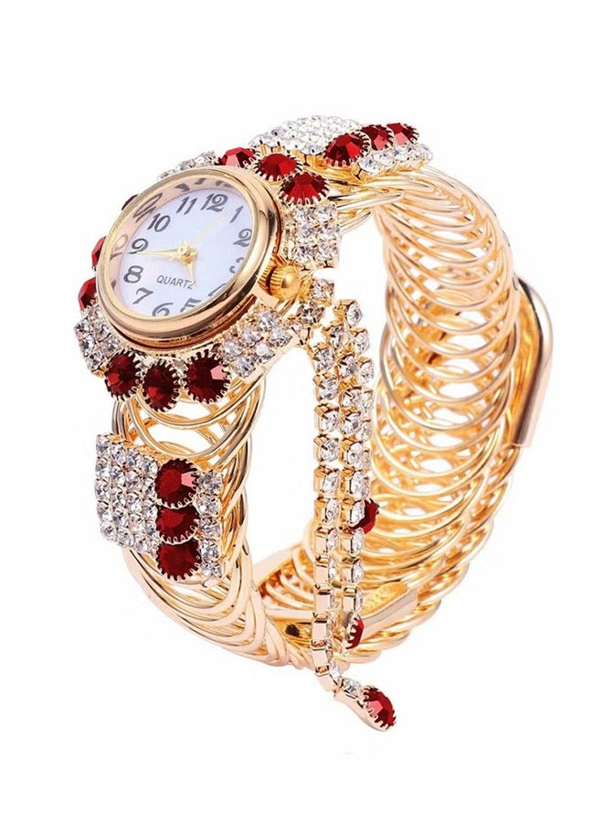 اتش واي ساعات نسائية ، ساعة كوارتز ذهبية لامعة مع ماس من أحجار الراين الكريستالية ، لمجوهرات المعصم النسائية ، ساعة سوار سوار للسيدات (روبي) - Image 1