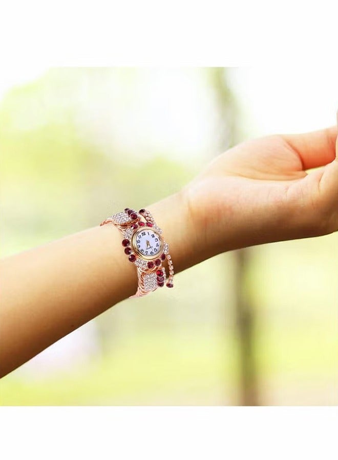 اتش واي ساعات نسائية ، ساعة كوارتز ذهبية لامعة مع ماس من أحجار الراين الكريستالية ، لمجوهرات المعصم النسائية ، ساعة سوار سوار للسيدات (روبي) - Image 4