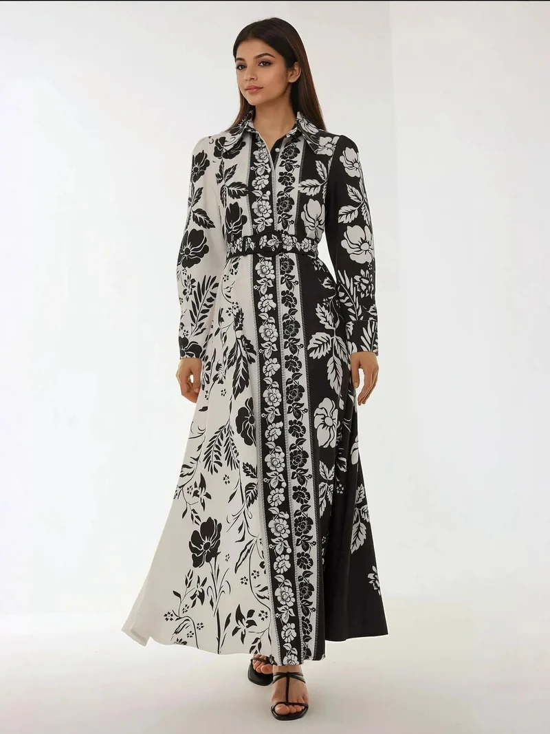 زوبعة فستان ماكسي طويل بأكمام مطبوعة مع حزام