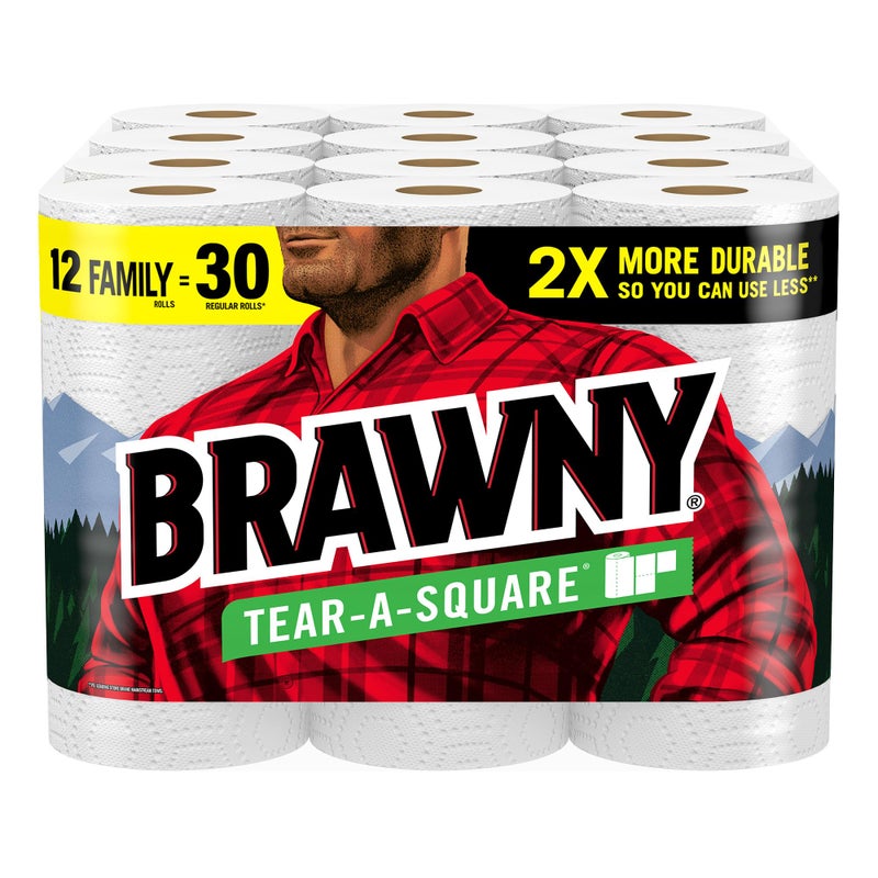 Brawny Tear-A-Square Paper Towels, 12 Family Rolls = 30 Regular Rolls, 2X More Durable*, 3 Sheet Sizes, Strong and absorbent extra-large roll - Image 1