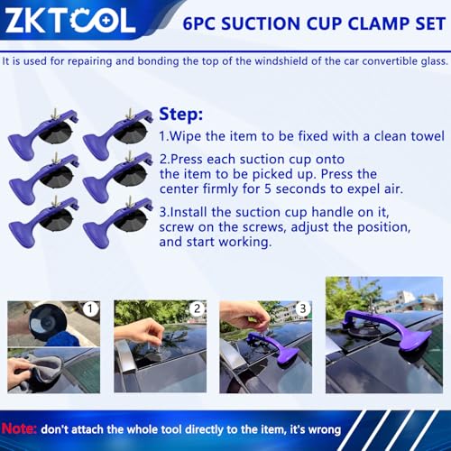 ZKTOOL 6PC Suction Cup Clamp Set, Class Clamps Kit for Car Convertible Glass Windshield Top Repair Gluing,With Sponge Pad… - Image 2