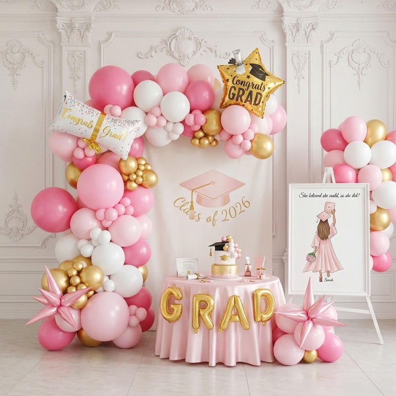 kozee Pink and White Gold Grad Balloon garland arch kit 145pcs With Large Gold Star GRAD Letter balloons for 2026 graduations decorations Prom girls birthday party supplies - Image 2