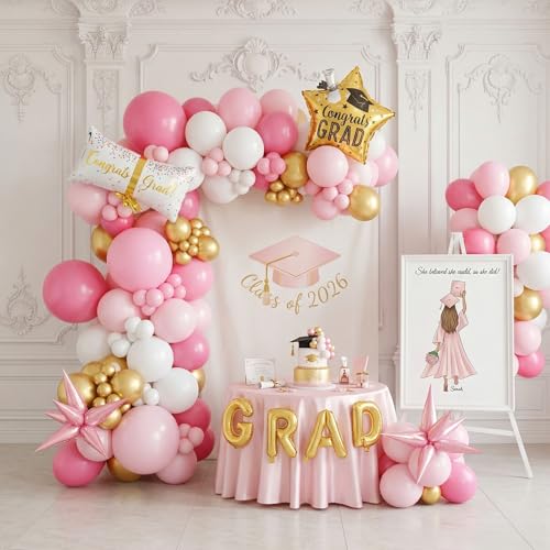 kozee Pink and White Gold Grad Balloon garland arch kit 145pcs With Large Gold Star GRAD Letter balloons for 2026 graduations decorations Prom girls birthday party supplies - Image 1