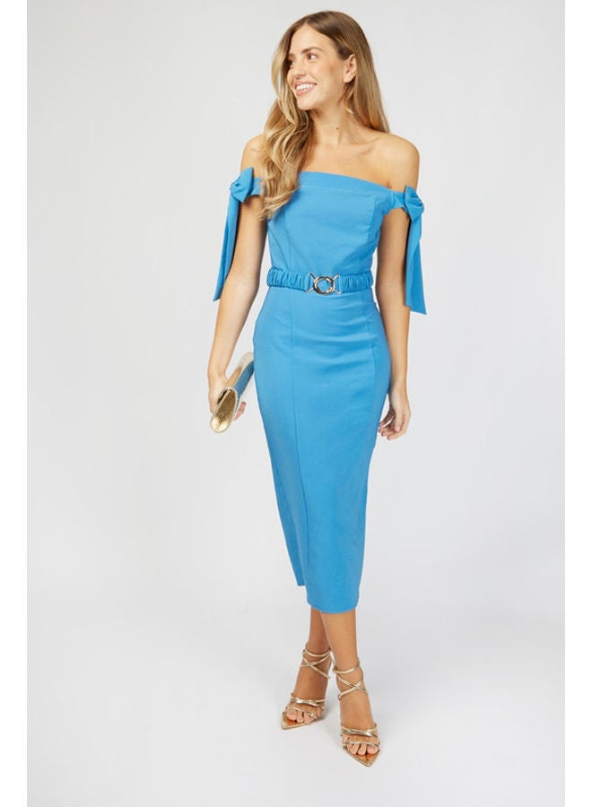 Little Mistress Alain Cornflower Tie Sleeve Belted Midi Dress  - Image 2