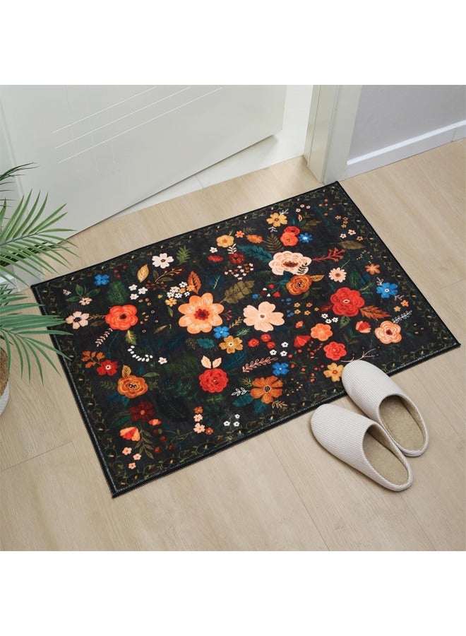 L&E Door Mat Indoor Entrance 60×90cm Rug Machine Washable Boho Floral Small Area Rug Non-Slip Low Pile Throw Rugs for Entryway, Kitchen, Front Door Indoor Entrance, Entry, Kids Room  - Image 1