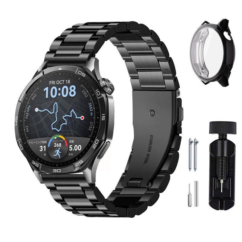 SUMK Metal Watch Strap with TPU Bumper Case Compatible with Huawei Watch GT5 46mm – Black Protective Strap - Image 2