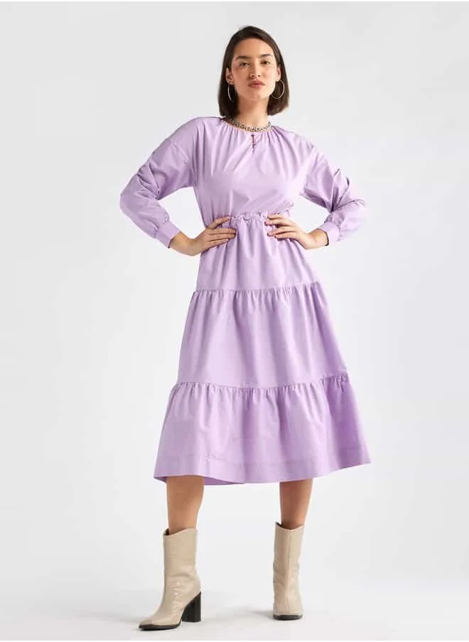 FAV Solid Tiered Dress with Puff Sleeves