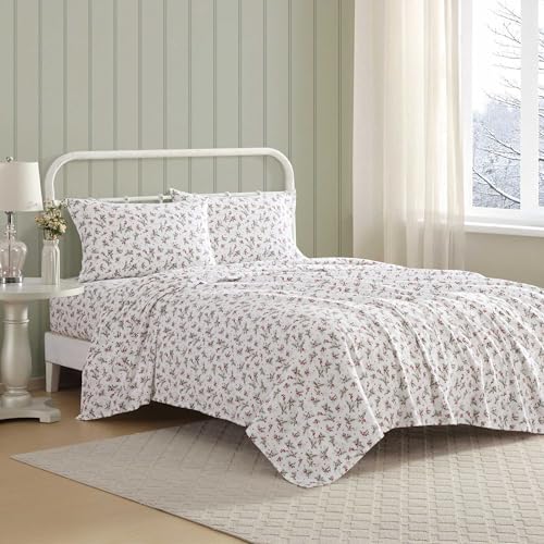 Laura Ashley Flannel Sheets Twin Size AntiPilling Wrinkle Resistant Cotton Touchably Soft for AllSeason Comfort Bed Sheets with Matching Pillowcase Fitted Sheet Berry Bright Red - Image 1
