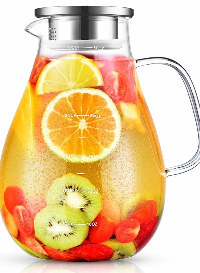 veecom Glass Pitcher, 80oz Water Pitcher with Lid, Large Glass Pitcher with Lid and Spout for Hot&Cold Beverage, Juice, Iced Tea Pitcher for Fridge, Borosilicate Glass Carafe/Jug with Brush Clear - Image 1