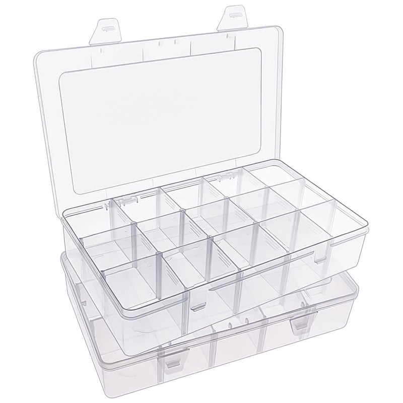 SGHUO 2 Pack 15 Girds Bead Organizer, Large Clear Plastic Organizer Box with Adjustable Dividers for Beads, Art DIY, Crafts, Jewelry, Fishing Tackle with Label Stickers - Image 1