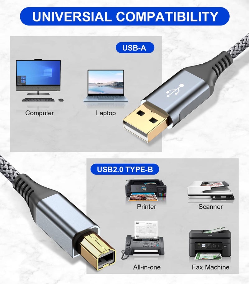 sweguard Printer Cable 10ft, USB 2.0 USB-A to USB-B Midi Cable High Speed Nylon Braided Cord for HP Canon Brother Dell Epson More Printers, Digital Piano, Midi Keyboard DJ Controller, USB Microphone, Mixer - Image 2