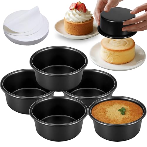 AWTBDP 4 Inch Cake Pan Set of 5, Nonstick Cheesecake Round Cake Pans with 100 Pieces Parchment Paper, Mini Cake Tins for Baking, Non-Toxic & Leakproof Circle Cake Pan, Aluminum Material Food Grade Coating - Image 1