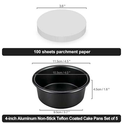 AWTBDP 4 Inch Cake Pan Set of 5, Nonstick Cheesecake Round Cake Pans with 100 Pieces Parchment Paper, Mini Cake Tins for Baking, Non-Toxic & Leakproof Circle Cake Pan, Aluminum Material Food Grade Coating - Image 2