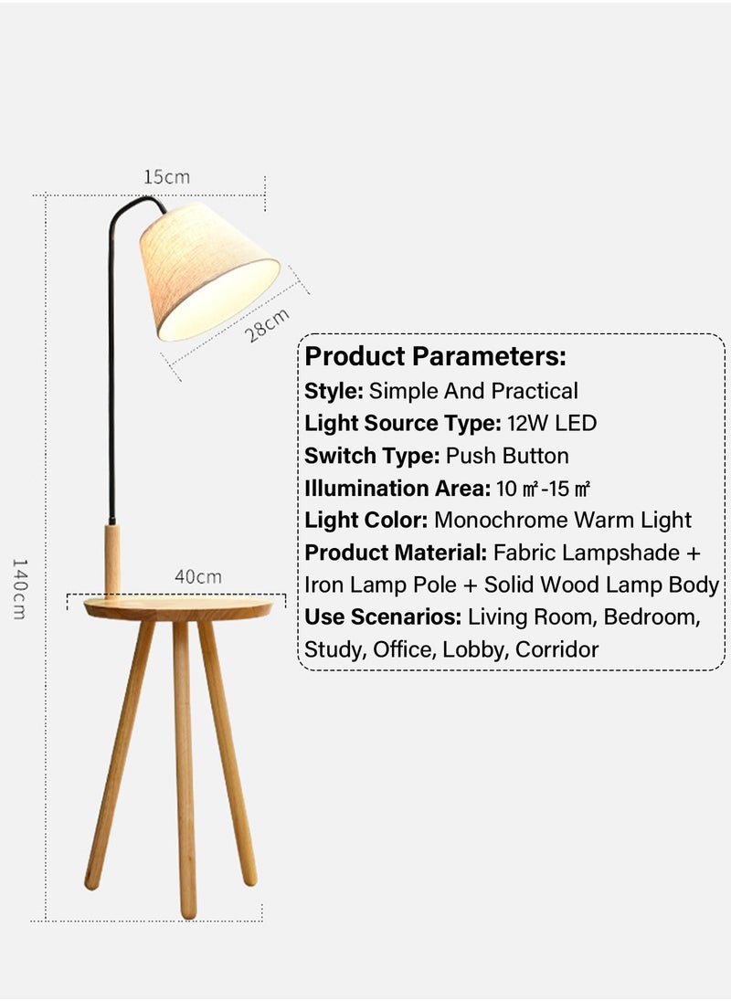Generic - Nordic Solid Wood LED Floor Lamp with Table Modern Wooden Vertical Coffee Table Standing Lamp with Fabric Shade Cozy Home Lighting Fixture for Living Room Bedroom Warm Light 12W - Image 1