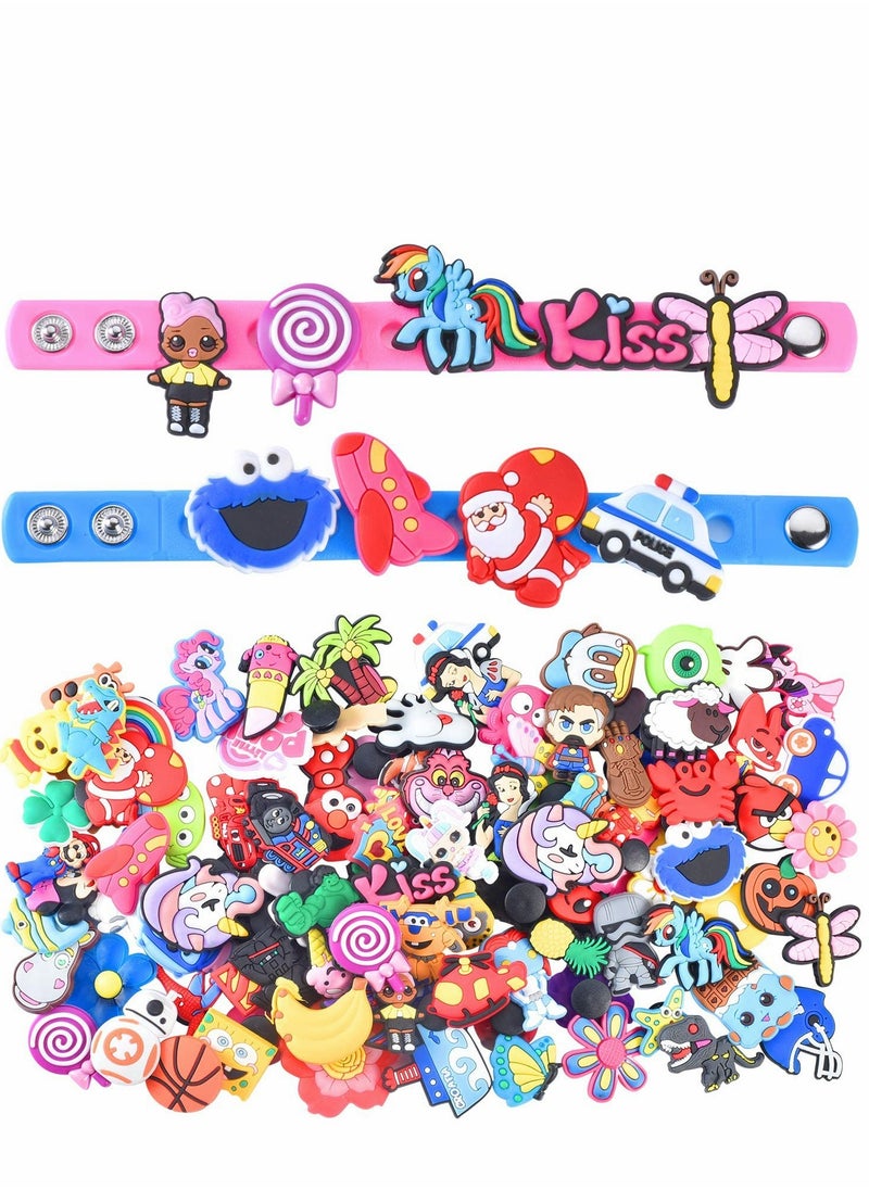 Excefore Shoe Charms for Crocs, Sandals Buckle Party Birthday Gift Bracelet Wristband Decoration for Adult Men Women Kids, Random Charm 100 Pcs with 2 Wrist Strap  - Image 1