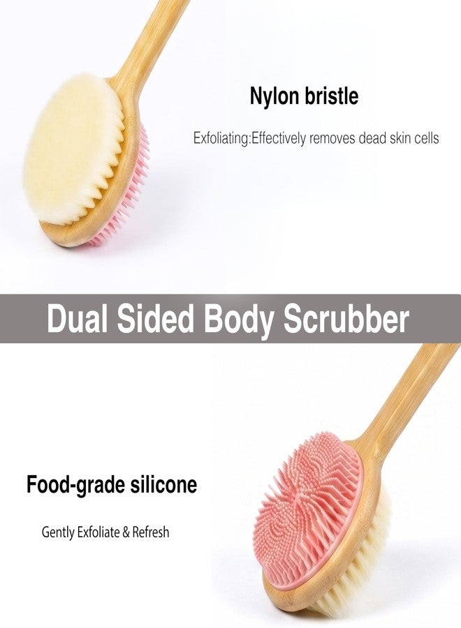MtBoi Dual-Sided Back Scrubber for Shower – Nylon Bristles for Deep Exfoliation, Soft Silicone for Gentle Care, Long Bamboo Handle with Anti-Slip Grip, Perfect for Wet or Dry Brushing (Pink - Image 2