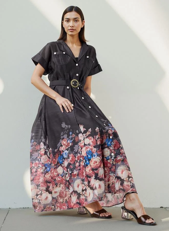 2Xtremz 2Xtremz Floral Print Maxi Dress with Lapel Collar and Short Sleeves