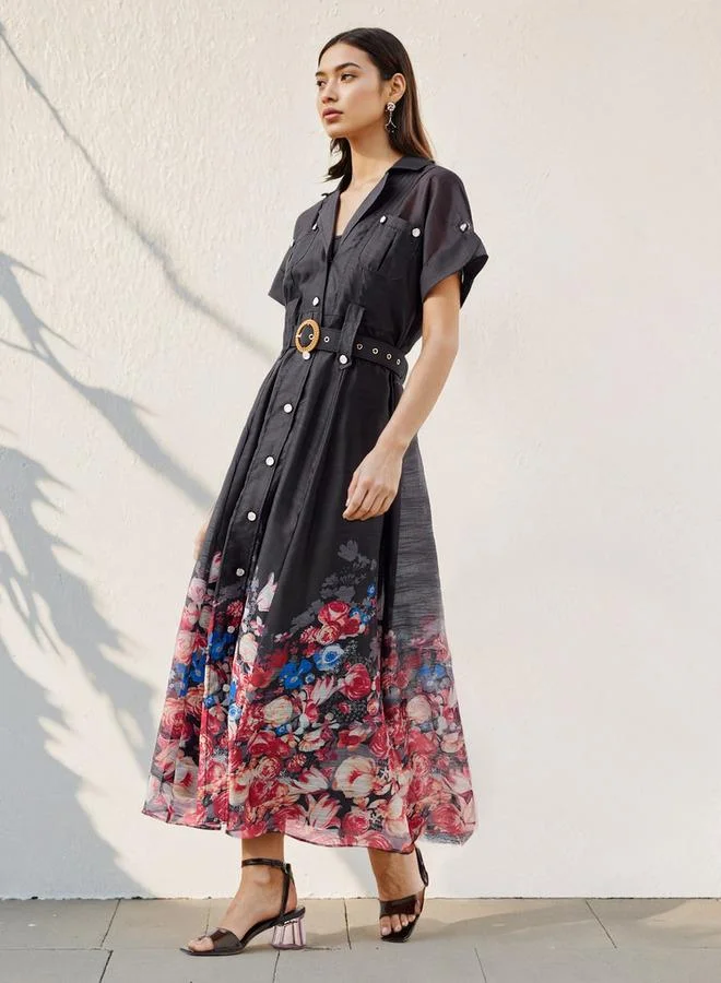 2Xtremz 2Xtremz Floral Print Maxi Dress with Lapel Collar and Short Sleeves